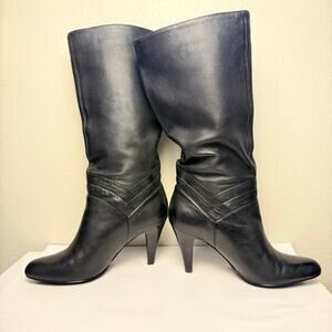 Audrey Brooke Super Soft Black Leather Pull On Chic High Heel Boots Women's 6M